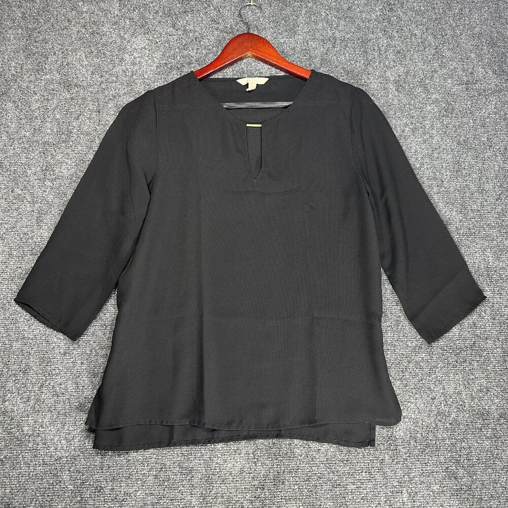 Banana Republic Blouse Womens Small Petite Black Semi Sheer V Neck Gold Detail